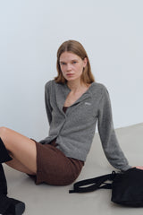 YUSE LOGO LAMSWOOL BASIC KNIT CARDIGAN - GRAY