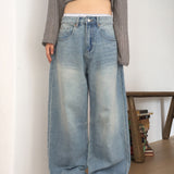 [S-XL] Nian incision washed wide denim pants