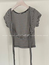 ストライプバックレスリボンクロップショートスリーブTシャツ