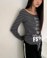 Muang Stripe Printed One-Off Shoulder Long Sleeve T-Shirt