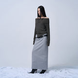 FOLDING WAIST BAND MAXI SKIRT (MELANGE GRAY)