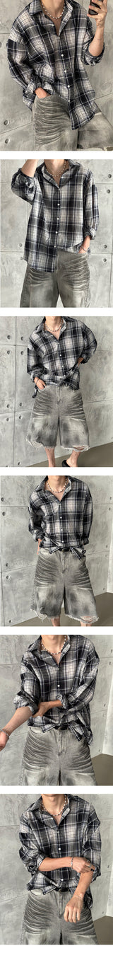 [UNISEX] ストリングチェックオーバーフィットシャツ
