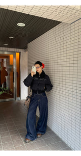 ブラックビーズウールカラーショートパッディドコート