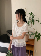 Pokapo Frill Layered Ribbed Short Sleeve Cardigan