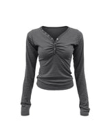 Shirring Henley Neck Long Sleeve Stripe Charcoal
