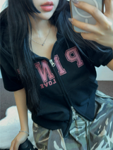 ハート🎀💕🧸ベイビーセミクロップドTシャツフーディージップアップジャンパー🧸🖤🤍3COLOR
