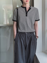 Yushi Stripe Henley Neck Short Sleeve T-Shirt