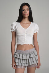 Sugar crepe smocking puff top, White