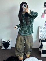 STRIPE OVER BOXY BOYFRIEND LONG SLEEVE T SHIRT ❤💚🩵🧸4COLOR