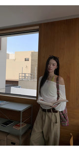 ルーズフィットオフショルダーレイヤードセットロングスリーブTシャツ