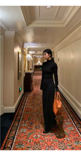 Half Turtleneck Black Flared Long Dress