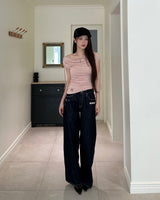 Meow Summer draping shrring Boat neck Top