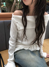 Punk Snap Button Brushed Off-Shoulder Knit