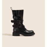 Vintage-Style Genuine Lambskin Mid-Calf Biker Boots with Belt Detail