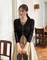 Hennua Half-Button See-Through Ribbed Cardigan