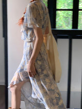 French flower shirring wrap dress