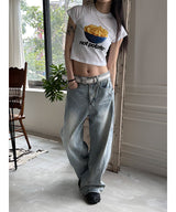 [Unisex] Side curve line wide denim pants(4color)