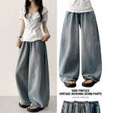 Rize waistbanding side pin tuck incision denim washed wide pants