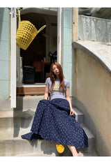 Cozy Navy Flower Frill Long Banding Skirt