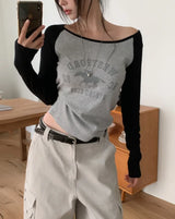 Horse Color Matching Boat Neck Raglan Long Sleeve