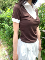 Cafe レイヤードピンタックシャツ ブラウン 半袖Tシャツ (Brown)