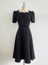 26SS★ Berlin Notch Square-Neck Short Sleeve Tweed Flare One Piece Long