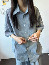 Logi Striped Linen Balloon Short Sleeve Shirt 2color