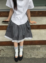 Karohi Sleeve Layered Check Shirring Midi Banding Skirt