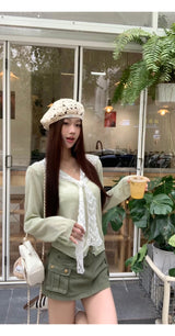 Mint green lace thin V-neck knitwear