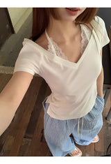 ホワイトレースホルターレイヤードショートスリーブTシャツ