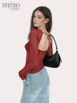 レッドシフォン ロングスリーブブラウス