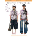 BETWEENAND サマー ミレニアム ピンク カモプリント Vネック ルーズ ショートスリーブ Tシャツ