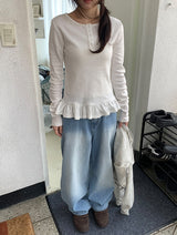 ダロヘンリーネックフリル長袖Tシャツ