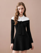 Elly Off-Shoulder Tie Ribbed Long-Sleeve Mini Knit Dress Black