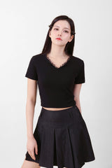 レースVネッククロップTシャツ White