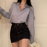 [3color] プレッピーストライプラウンドクロップドシャツ