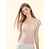 [GirlyFancyClub]U Vネック スリムフィット レオパードプリント ショートスリーブ Tシャツ