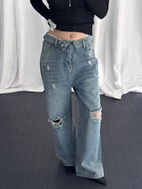Toris Distressed Fold-Cuff Wide Denim Pants