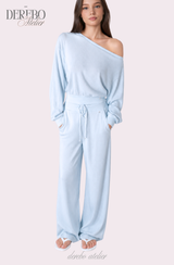 Waffle Asymmetrical Off-Shoulder Sweat Pants Set (TOP+PANTS SET)