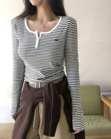 Color-Blocked Henley Neck Stripe T-Shirt