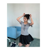 ribbon frill sweet short-sleeved knitwear