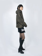 Curved Hood Leather Jacket (Khaki Black)