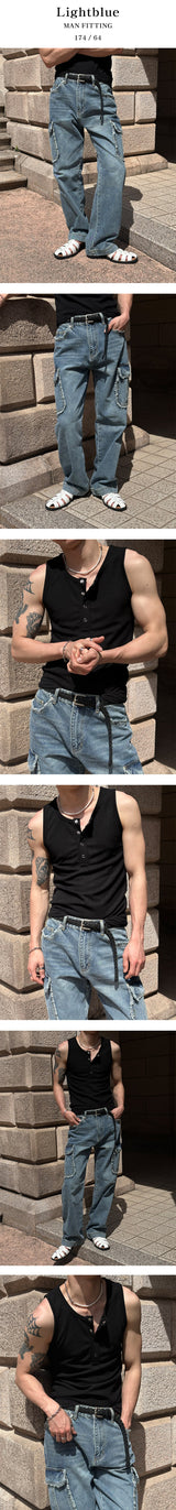 [Unisex] Fringe cargo denim pants(3color)