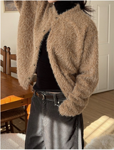 Hairy crop round knit cardigan(3color)