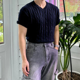Cable v-neck short-sleeve knitwear