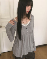 Hoshi-ve button Shirring Layered Long Sleeve T-shirt
