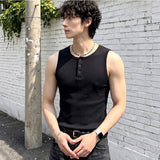 Ribbed Henley-Neck Sleeveless Top Black