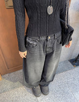Rough Muse Tassel Ball Stud Wide Long Denim Pants