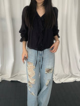 Russell Puff-Sleeve Shirred Blouse