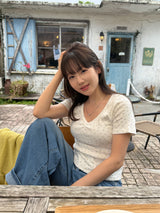 [Pinter Mood🌷]フロリン VネックパンチングシャーリングTシャツ